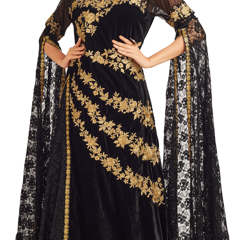 Black Velvet Party Gown with Long Sleeve - Maxim Creation