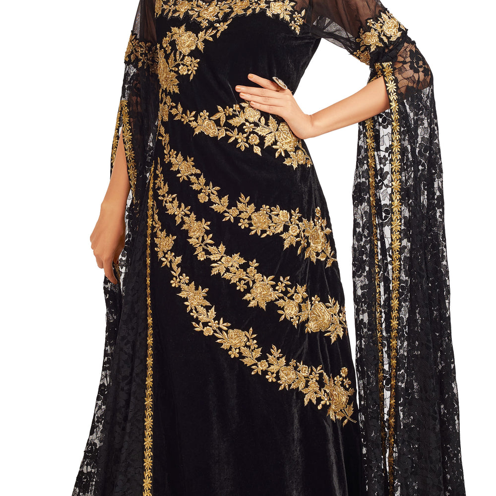 
                  
                    Black Velvet Party Gown with Long Sleeve - Maxim Creation
                  
                