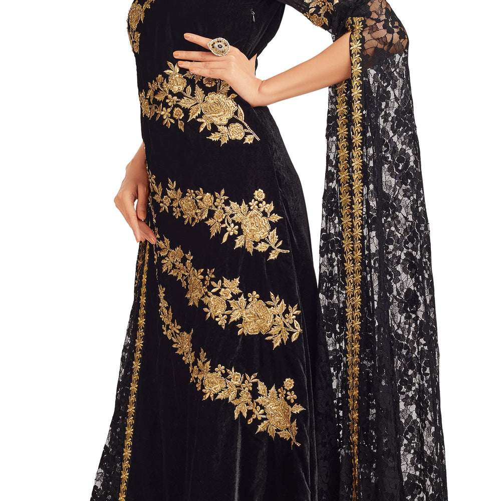 Black Velvet Party Gown with Long Sleeve - Maxim Creation
