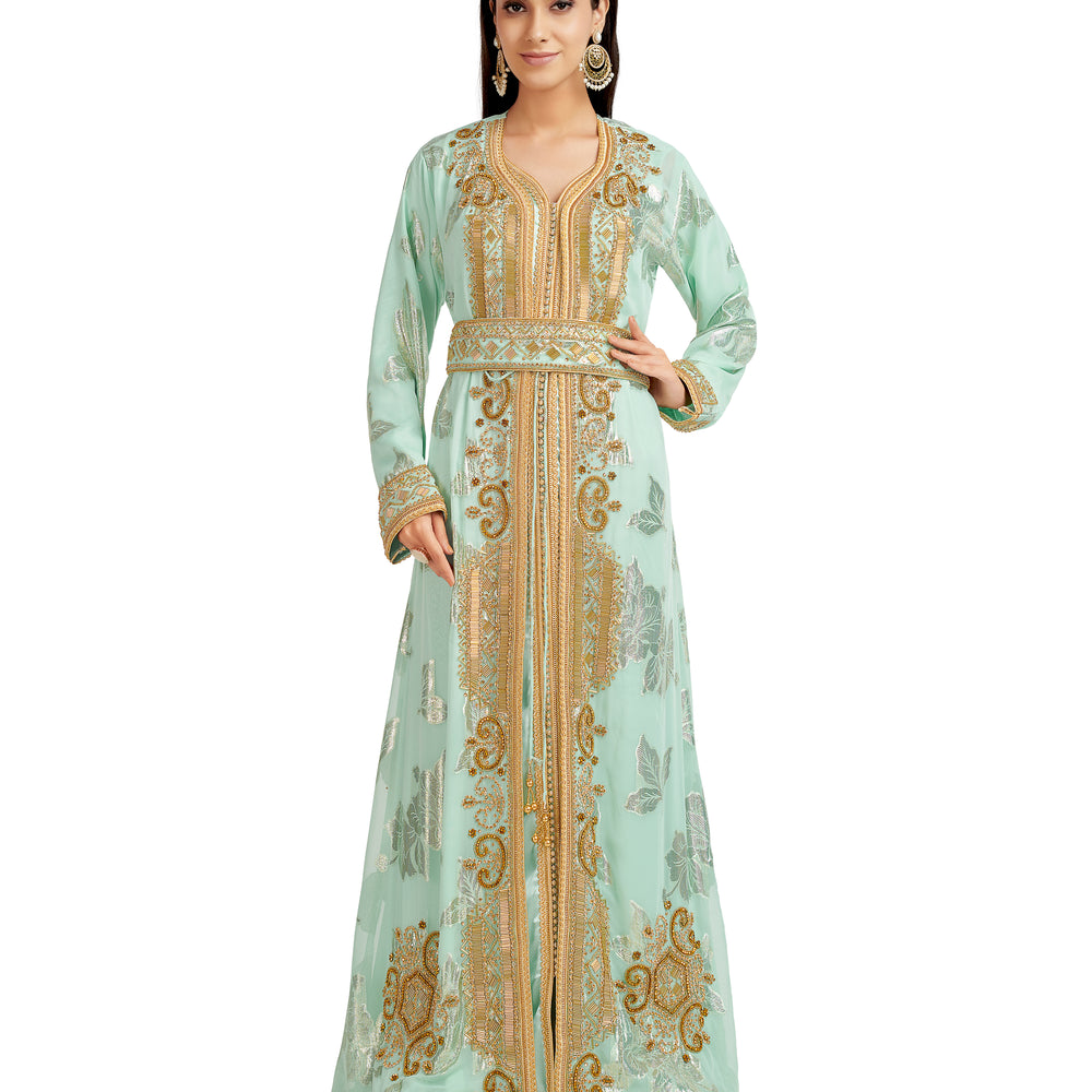 
                  
                    Moroccan Caftan Crystal Hand Work on Embroidered Fabric - Maxim Creation
                  
                