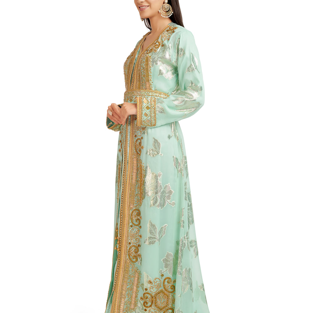 
                  
                    Moroccan Caftan Crystal Hand Work on Embroidered Fabric - Maxim Creation
                  
                