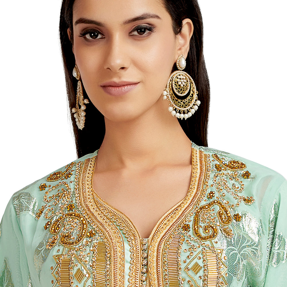 Moroccan Caftan Crystal Hand Work on Embroidered Fabric - Maxim Creation