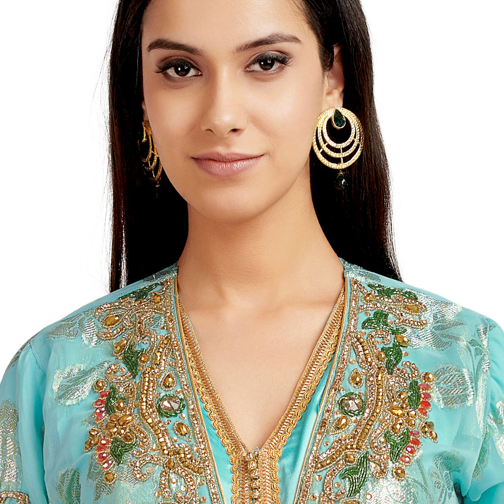 Crystal Hand work Kaftan on Turquoise Embossed Brasso - Maxim Creation