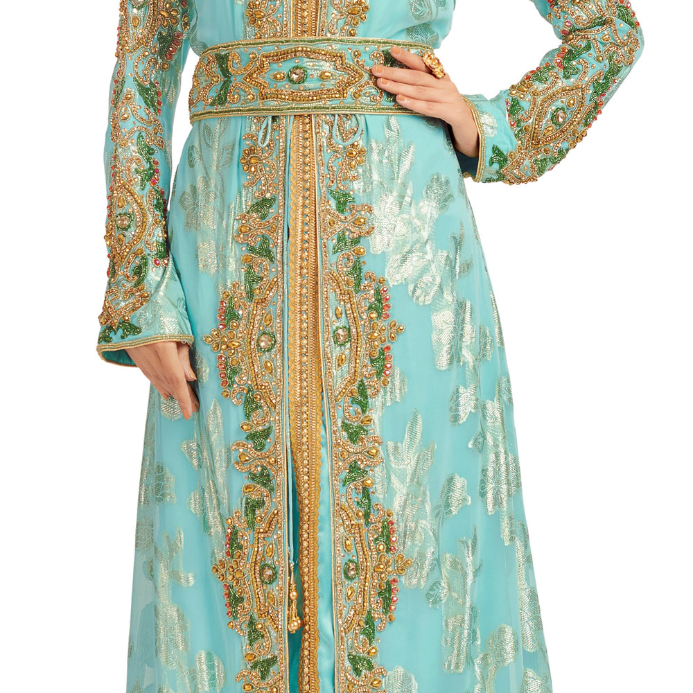 Crystal Hand work Kaftan on Turquoise Embossed Brasso - Maxim Creation