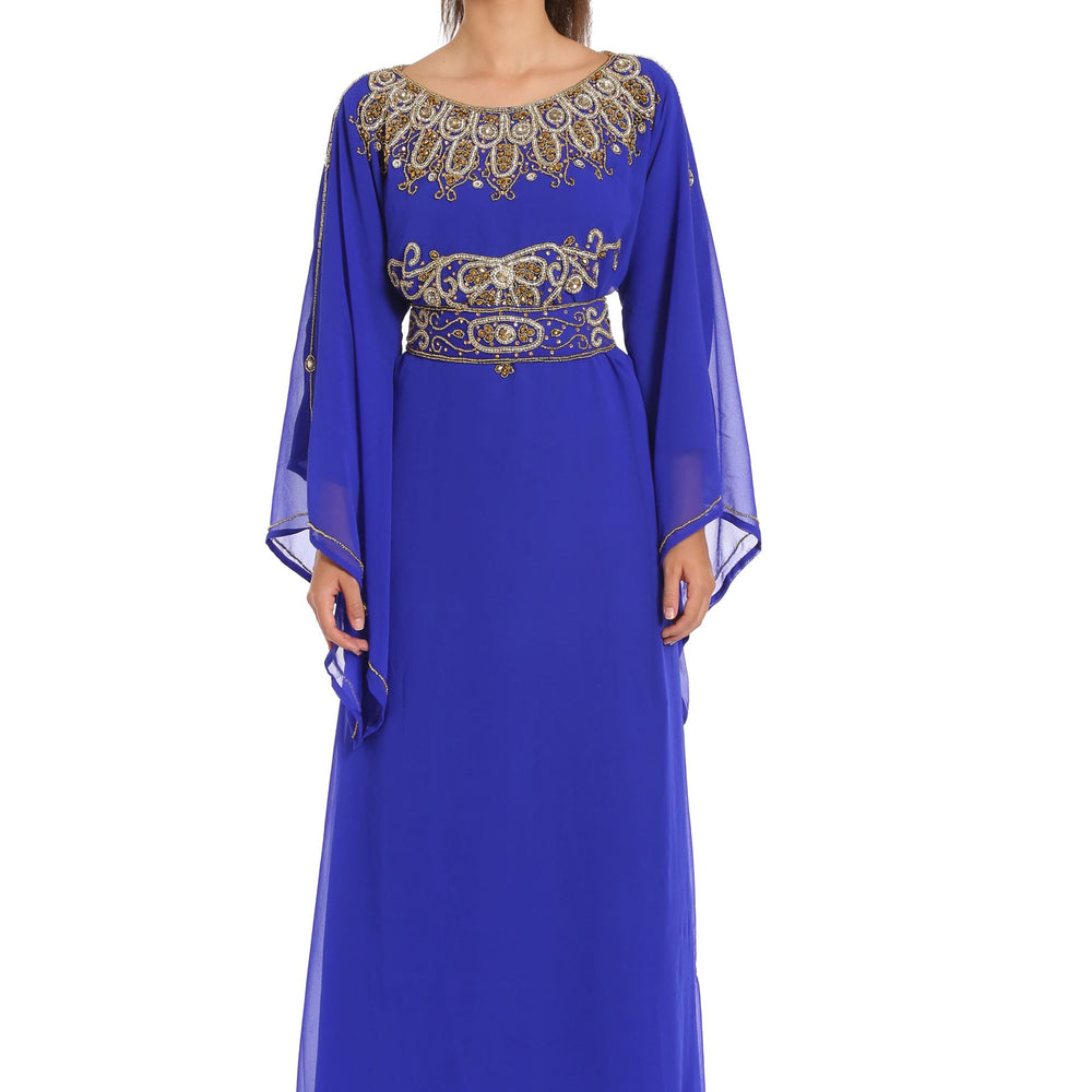 Royal Blue Maxi Gown Embroidered Arabian Kaftan Dress - Maxim Creation