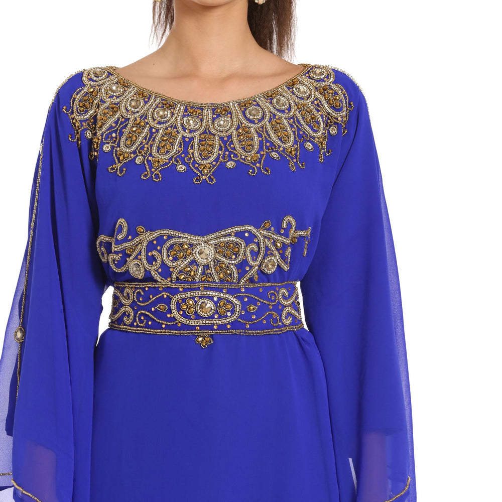 Royal Blue Maxi Gown Embroidered Arabian Kaftan Dress - Maxim Creation