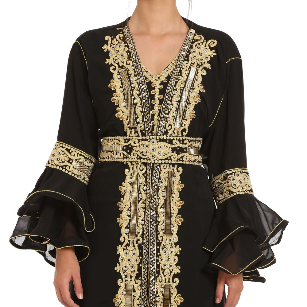 Black Abaya Kaftan Henna Party Dress with Long Bell Sleeve - Maxim Creation