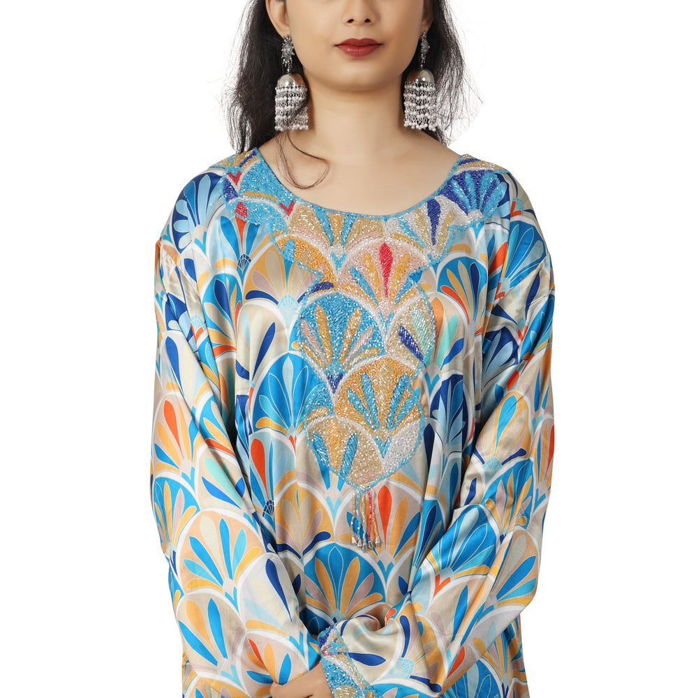 
                  
                    Dubai Farasha Kaftan Satin Flower Print Evening Tea Party Gown - Maxim Creation
                  
                