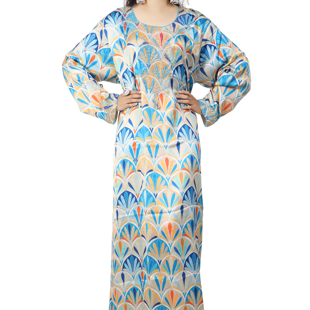 
                  
                    Dubai Farasha Kaftan Satin Flower Print Evening Tea Party Gown - Maxim Creation
                  
                