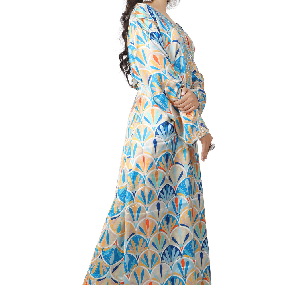 
                  
                    Dubai Farasha Kaftan Satin Flower Print Evening Tea Party Gown - Maxim Creation
                  
                