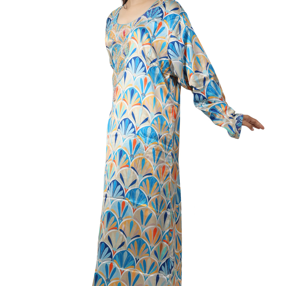 
                  
                    Dubai Farasha Kaftan Satin Flower Print Evening Tea Party Gown - Maxim Creation
                  
                