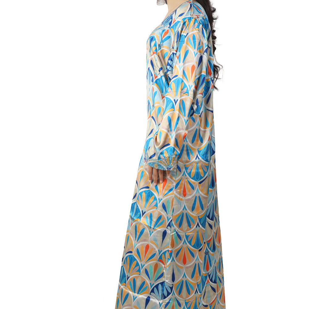 
                  
                    Dubai Farasha Kaftan Satin Flower Print Evening Tea Party Gown - Maxim Creation
                  
                
