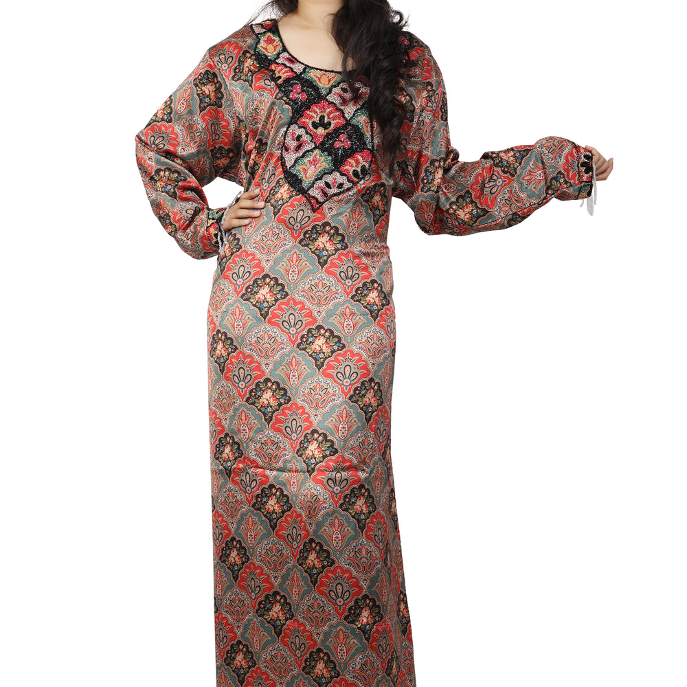 
                  
                    Flower Print Party Gown In Printed Satin with Handwork - Maxim Creation
                  
                