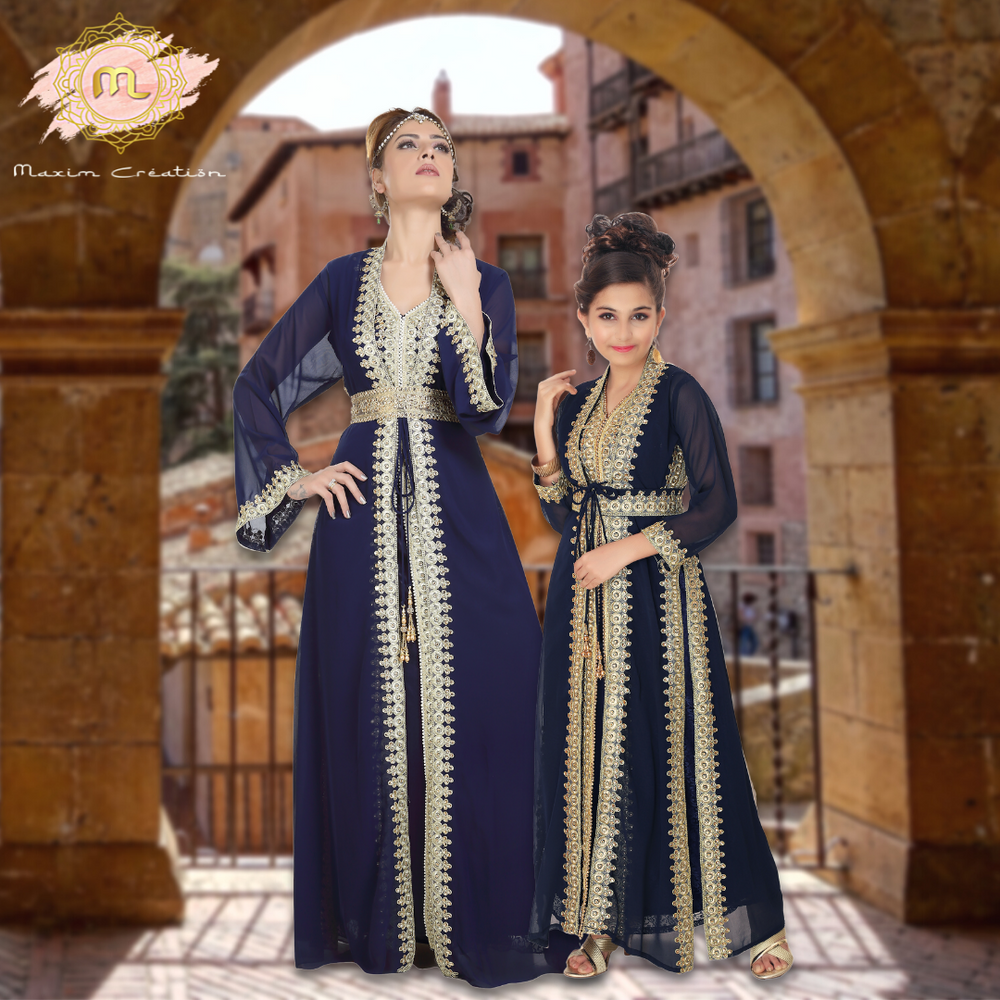 
                  
                    Designer Kaftan With Golden Lace Work Party Gown - Maxim Creation
                  
                