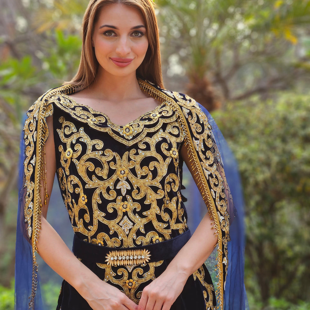 Embroidery Ball Gown with Threadwork & Beads in Velvet Kaftan