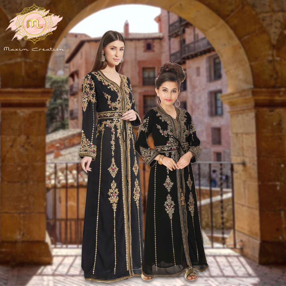 
                  
                    Moroccan Takchita Caftan Partywear Black Gown Mother + Daughter Combo Set - Maxim Creation
                  
                