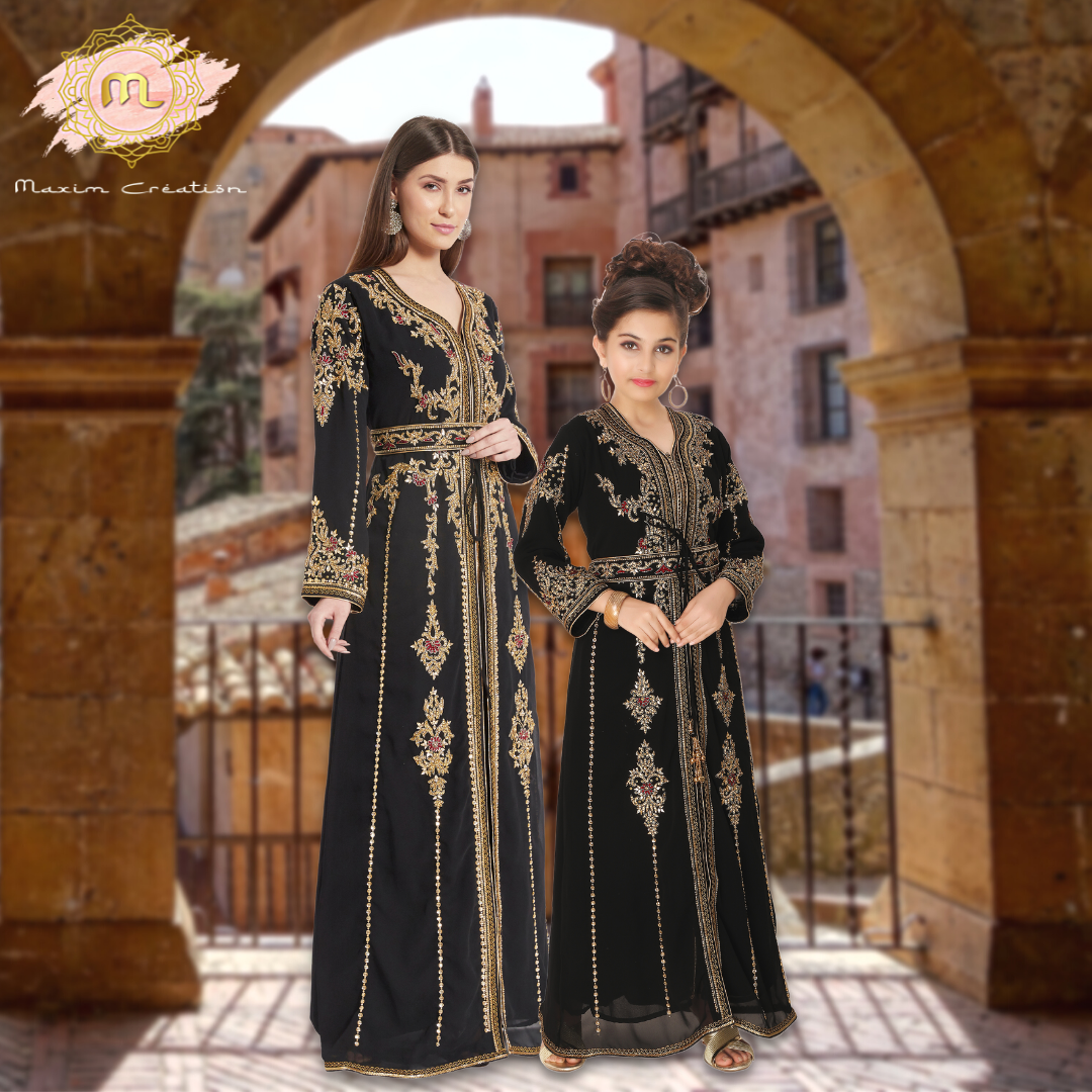 Moroccan Takchita Caftan Partywear Black Gown Mother + Daughter Combo Set - Maxim Creation