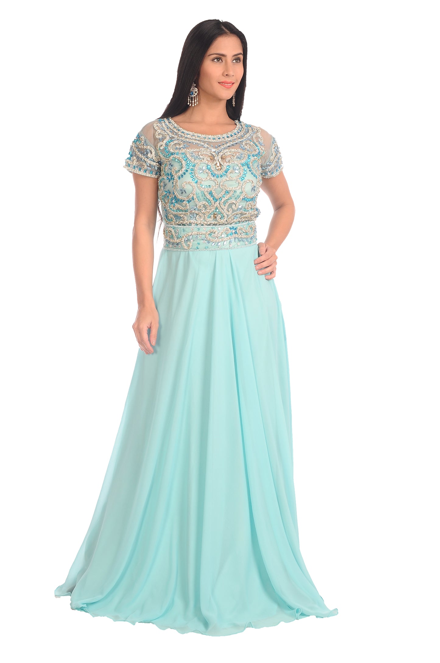 SHORT SLEEVE PROM DRESS SKY BLUE MAXI - Maxim Creation