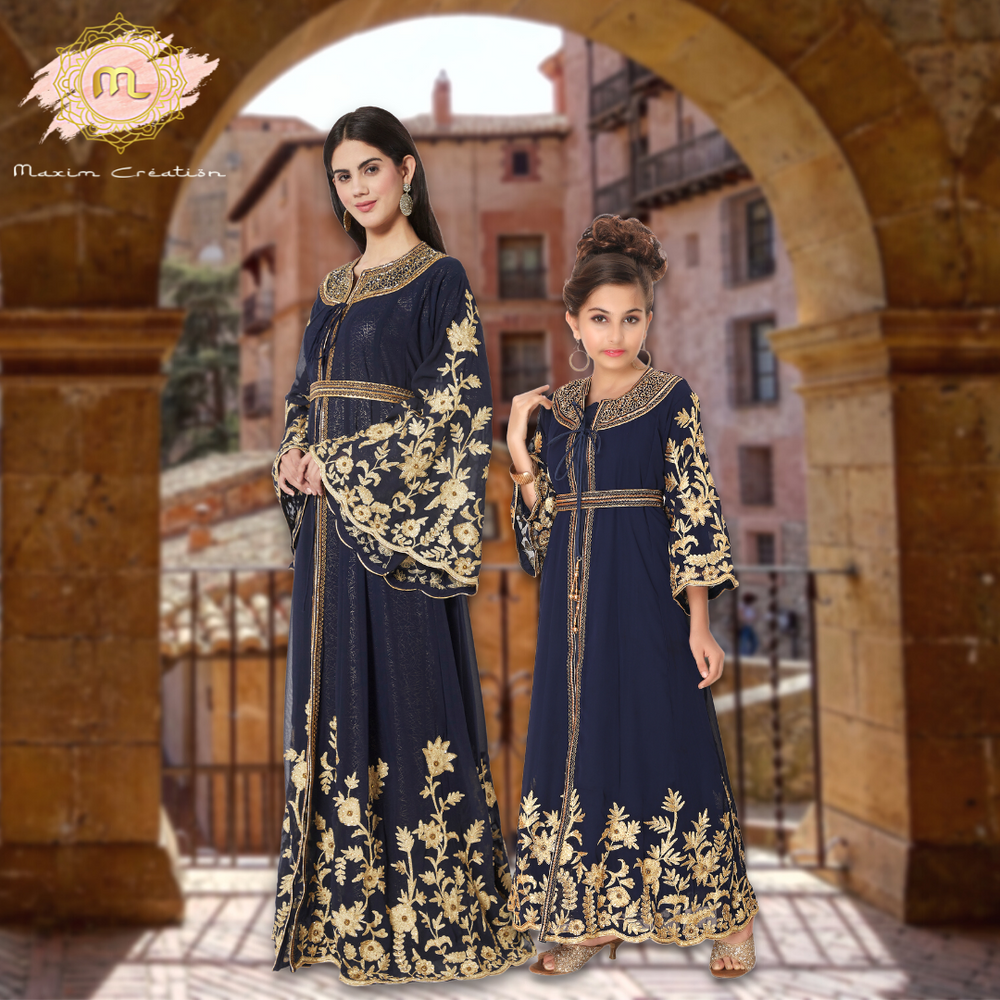 
                  
                    Designer Arabian Kaftan Golden Embroidered Party Dress - Maxim Creation
                  
                