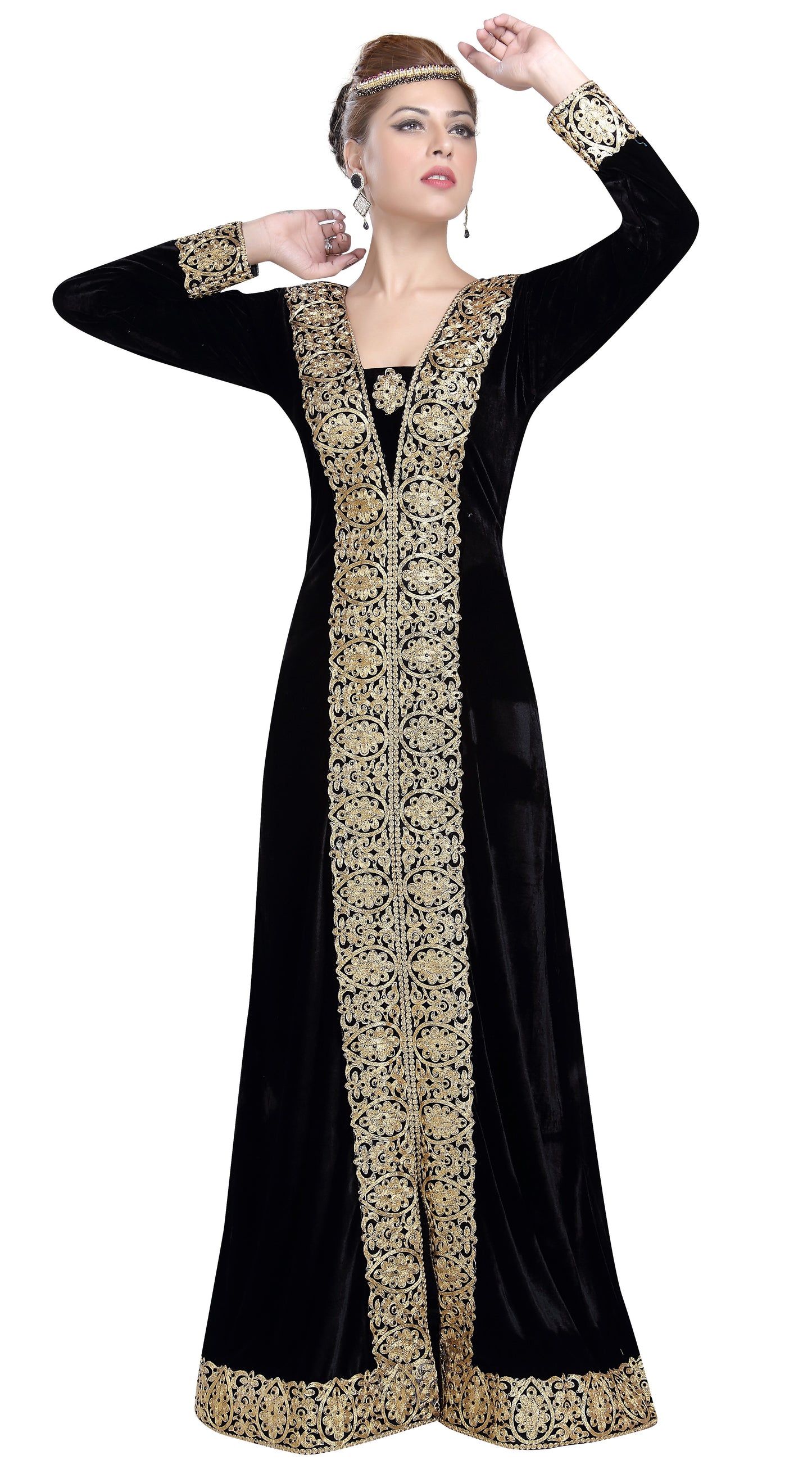 Arabian Kaftan in Black Velvet Long Maxi Gown - Maxim Creation