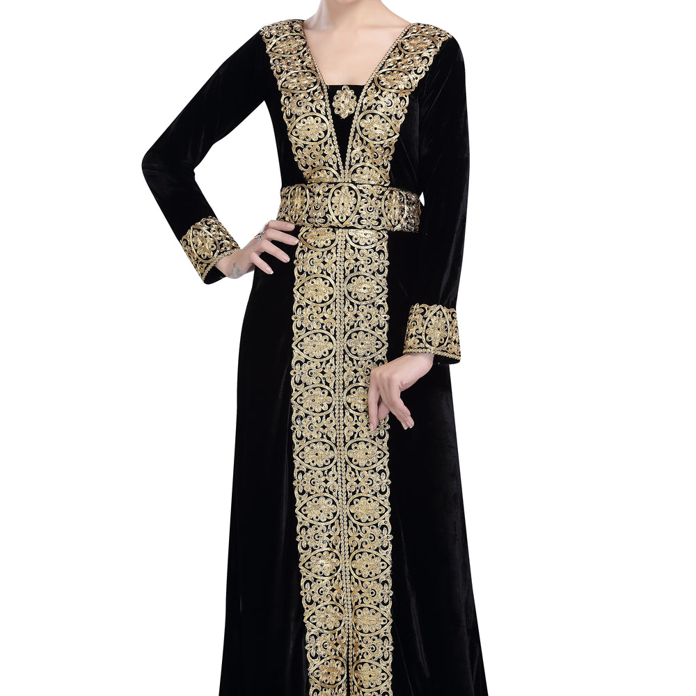 Arabian Kaftan in Black Velvet Long Maxi Gown - Maxim Creation