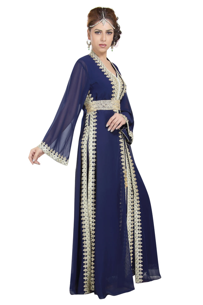 
                  
                    Designer Kaftan With Golden Lace Work Party Gown - Maxim Creation
                  
                