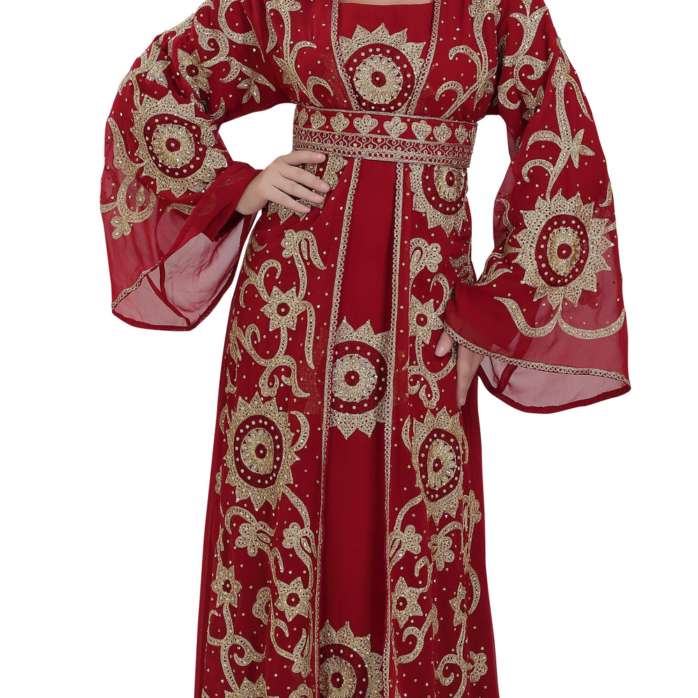 
                  
                    Dubai Kaftan Gown Jasmine Bridesmaid Dress in Maroon - Maxim Creation
                  
                