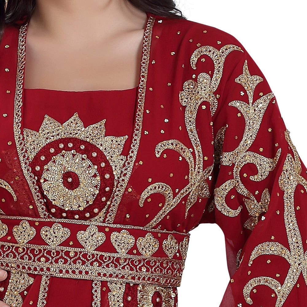 
                  
                    Dubai Kaftan Gown Jasmine Bridesmaid Dress in Maroon - Maxim Creation
                  
                