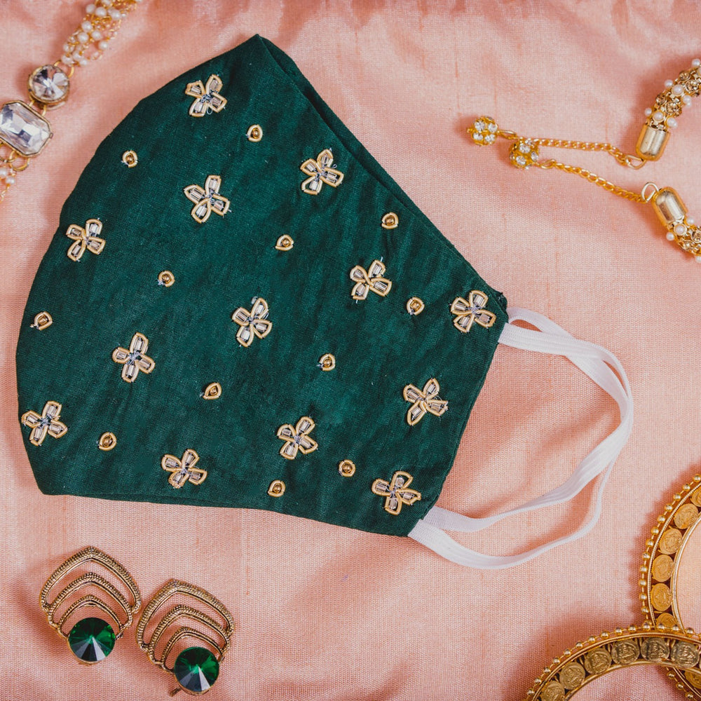 
                  
                    Emerald Green Cotton Face Mask with Floral Embroidery - Maxim Creation
                  
                