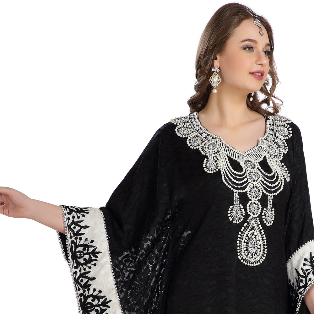 
                  
                    Dubai Kaftan With Embossed Fabric Printed Brasso & Silver Hand Work Abaya - Maxim Creation
                  
                