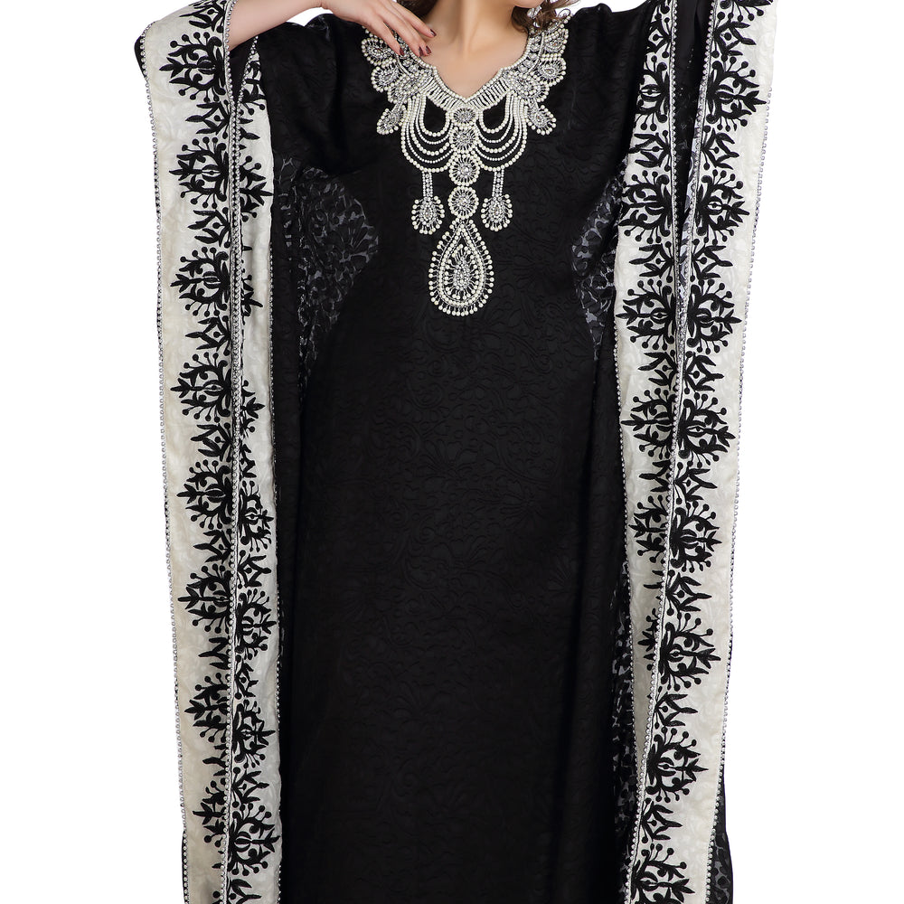 
                  
                    Dubai Kaftan With Embossed Fabric Printed Brasso & Silver Hand Work Abaya - Maxim Creation
                  
                