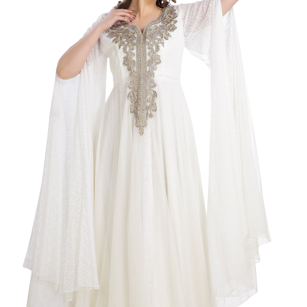 
                  
                    Bridal Gown With Rhinestone Work in Off White Flower Net Fabric - Maxim Creation
                  
                