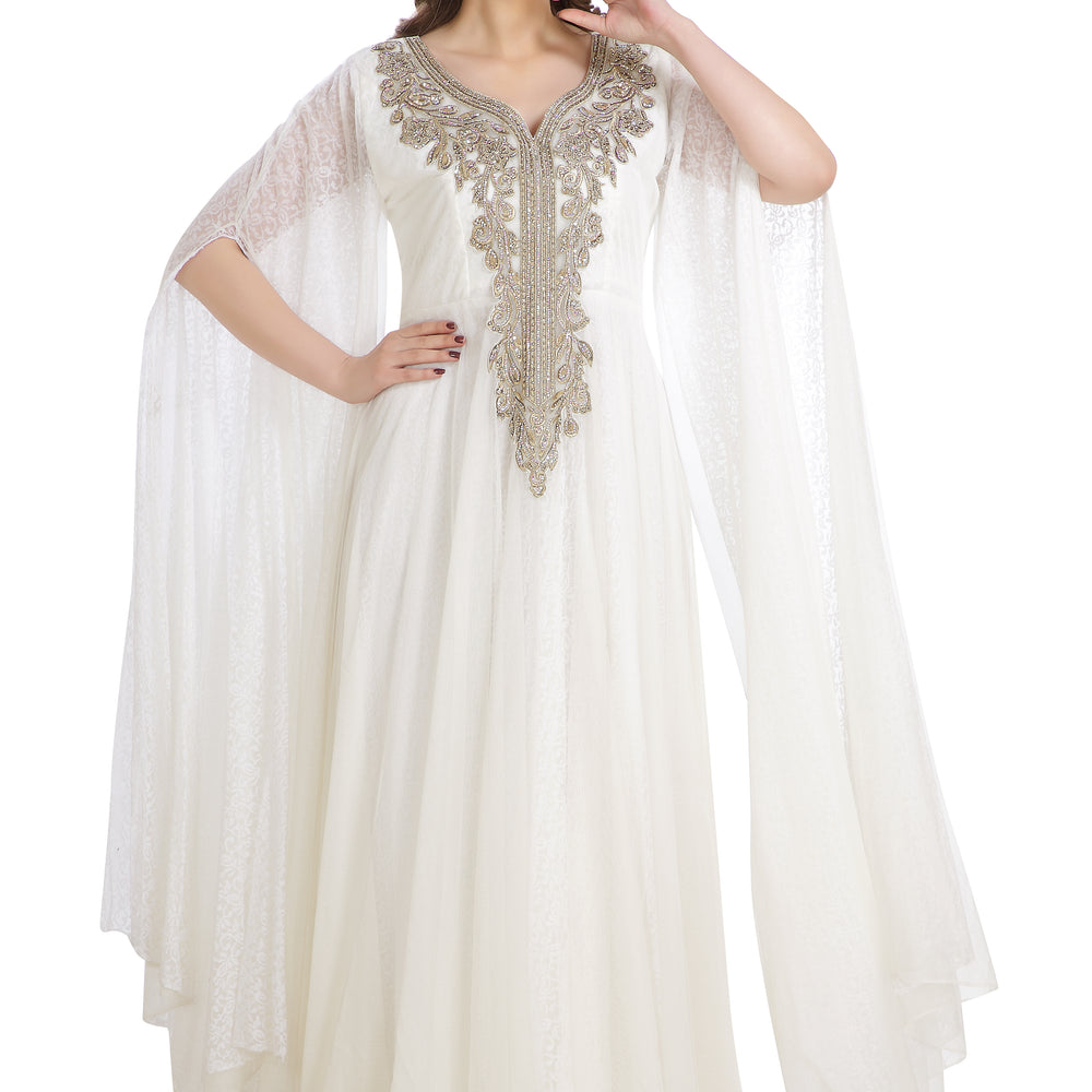 
                  
                    Bridal Gown With Rhinestone Work in Off White Flower Net Fabric - Maxim Creation
                  
                