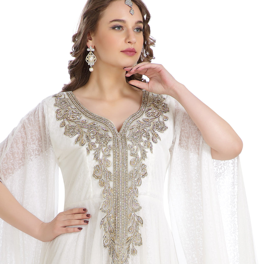
                  
                    Bridal Gown With Rhinestone Work in Off White Flower Net Fabric - Maxim Creation
                  
                
