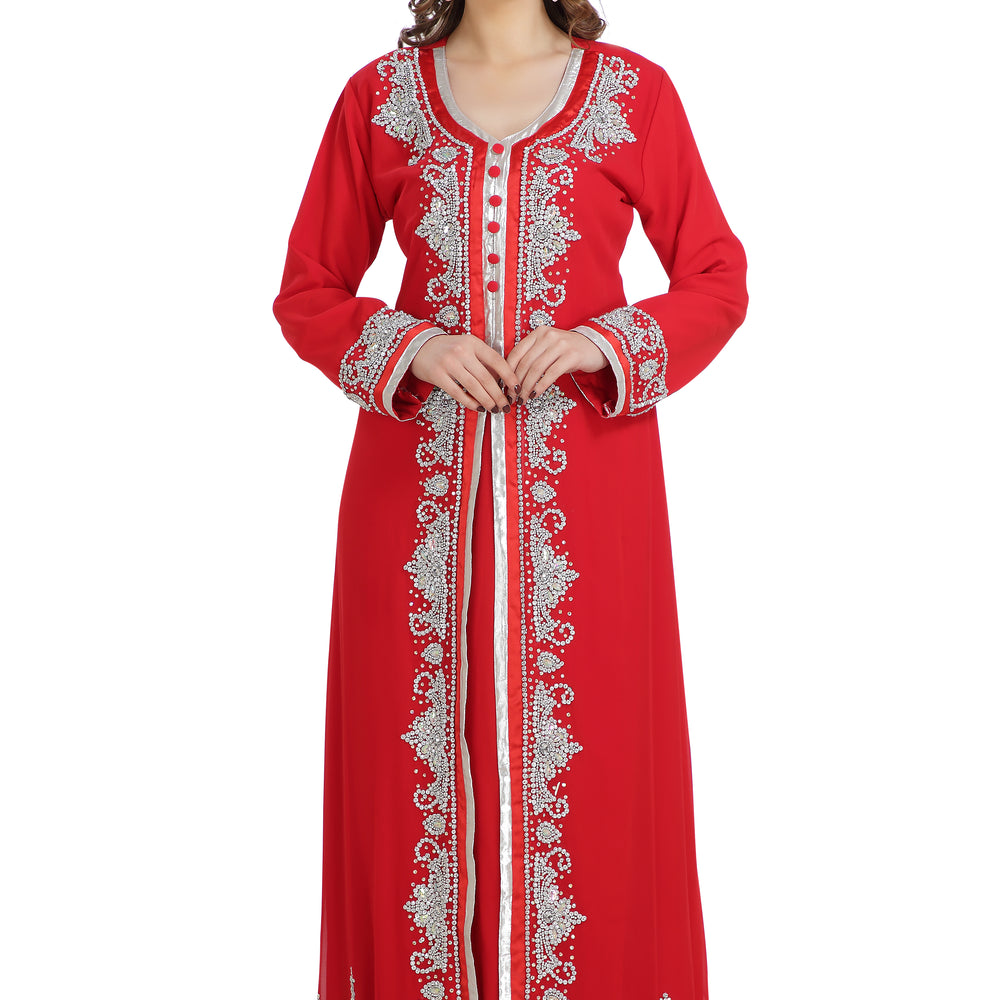 
                  
                    Moroccan Caftan With Lace Embroidered French Takchita - Maxim Creation
                  
                