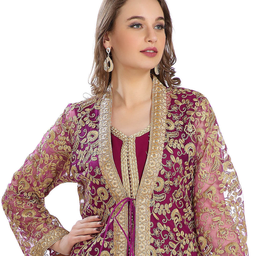 
                  
                    French Cardigan Oriental Wedding Robe With Golden Embroidery Work - Maxim Creation
                  
                