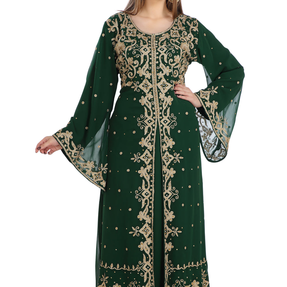 
                  
                    Hand Zari Work Embroidery Henna Party Abaya Bell Sleeve Caftan 2 Piece Set - Maxim Creation
                  
                
