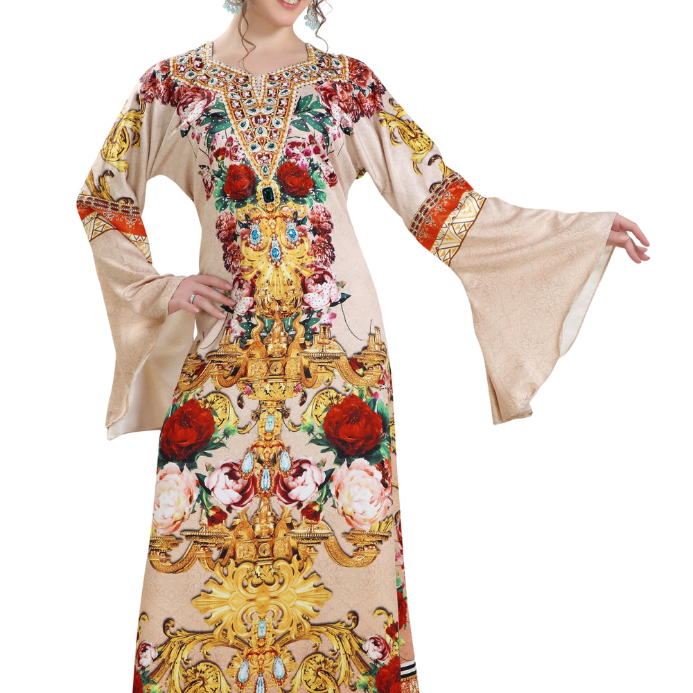 Digital Printed Kaftan on Silk Smooth Fabric With Crystals - Maxim Creation