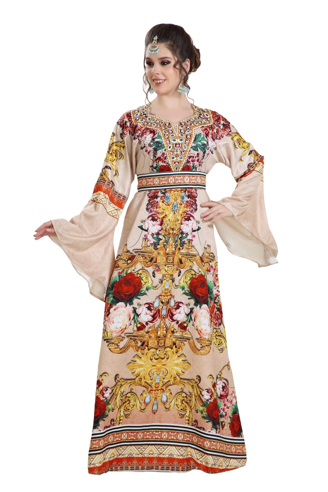 Digital Printed Kaftan on Silk Smooth Fabric With Crystals - Maxim Creation