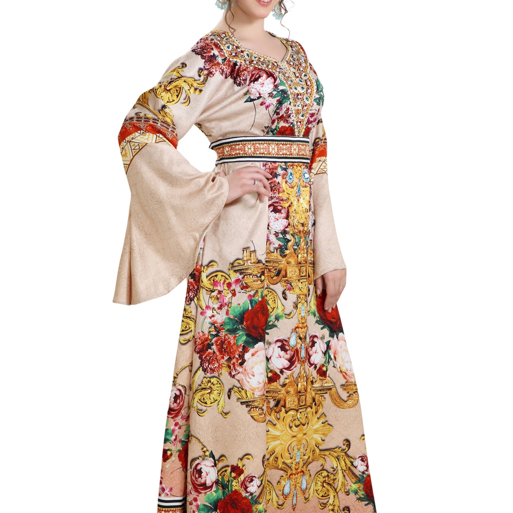 
                  
                    Digital Printed Kaftan on Silk Smooth Fabric With Crystals - Maxim Creation
                  
                