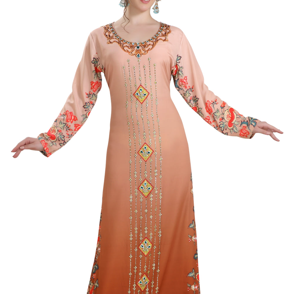 Dubai Kaftan Digital Printed Long Maxi Dress With Crystals - Maxim Creation