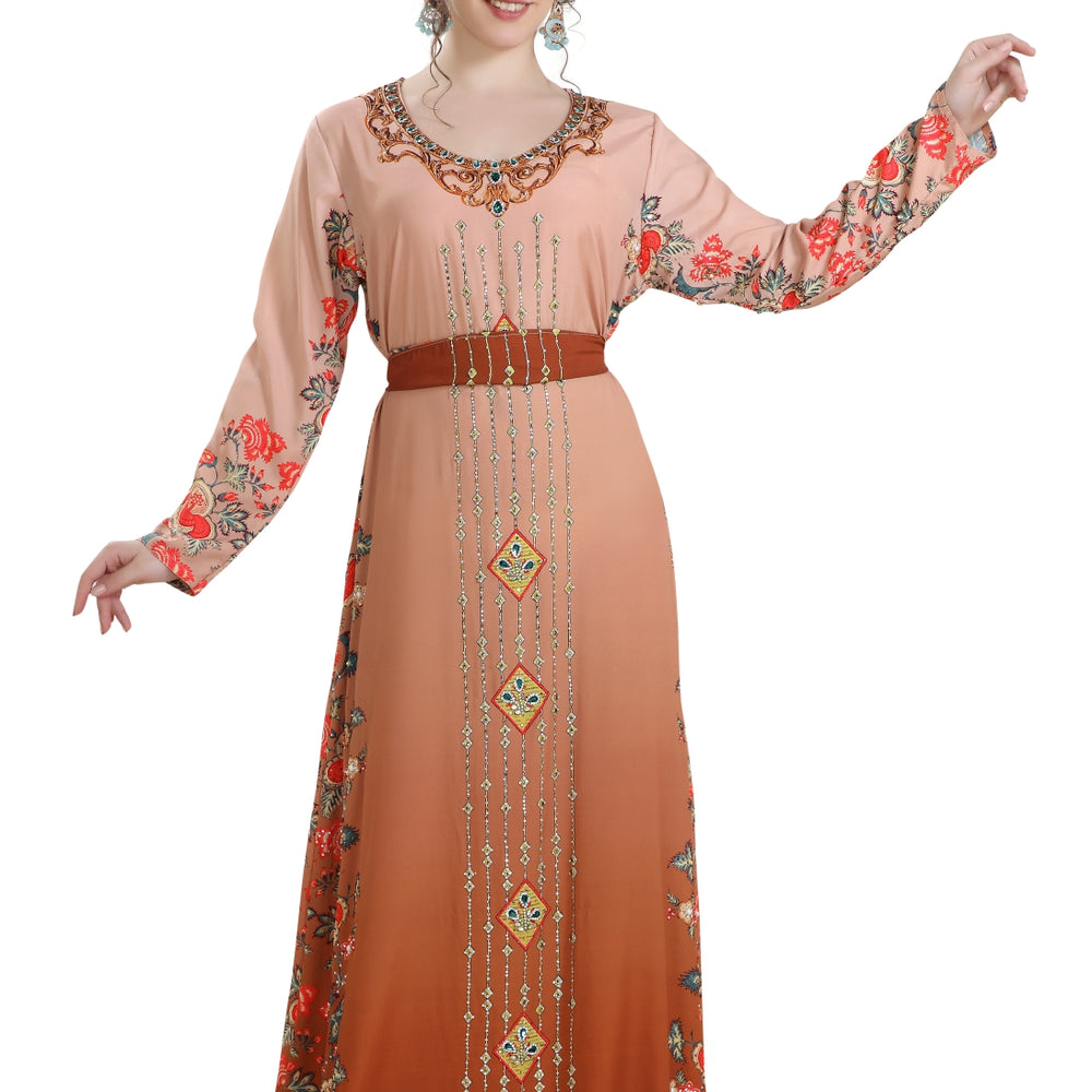 Dubai Kaftan Digital Printed Long Maxi Dress With Crystals - Maxim Creation
