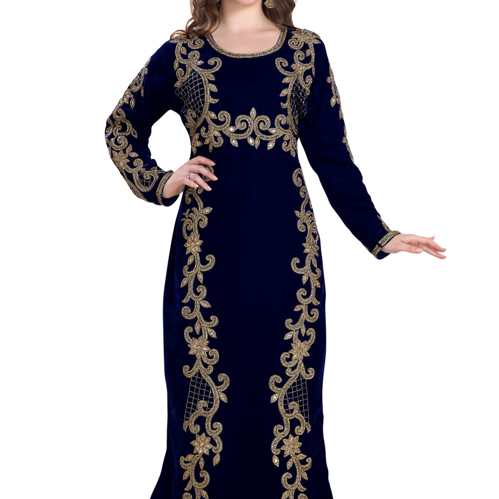 
                  
                    Fishcut Gown Navy Blue Velvet Crystal Moroccan Kaftan - Maxim Creation
                  
                