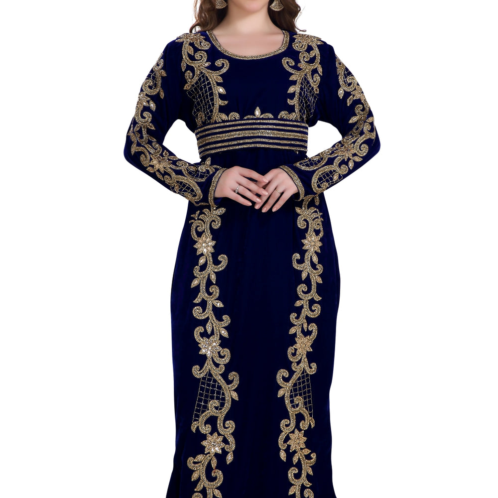 Fishcut Gown Navy Blue Velvet Crystal Moroccan Kaftan - Maxim Creation