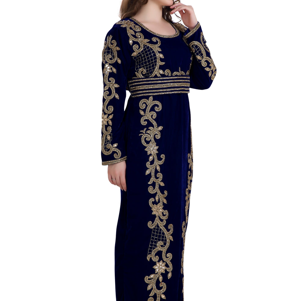 
                  
                    Fishcut Gown Navy Blue Velvet Crystal Moroccan Kaftan - Maxim Creation
                  
                