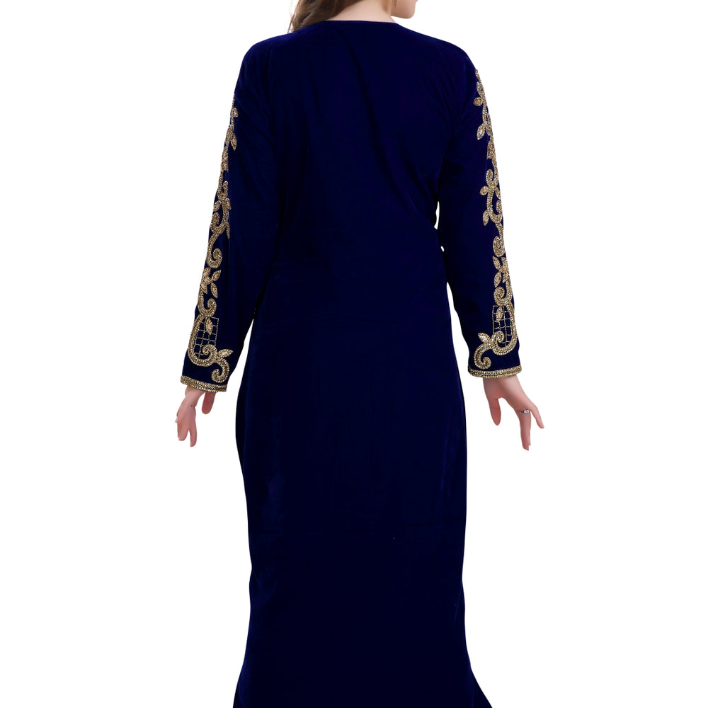 
                  
                    Fishcut Gown Navy Blue Velvet Crystal Moroccan Kaftan - Maxim Creation
                  
                