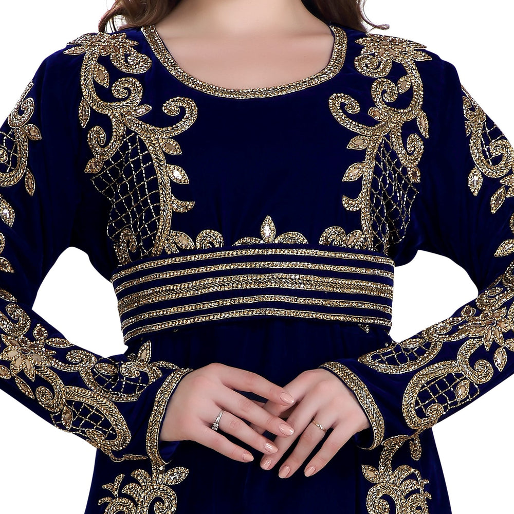 Fishcut Gown Navy Blue Velvet Crystal Moroccan Kaftan - Maxim Creation