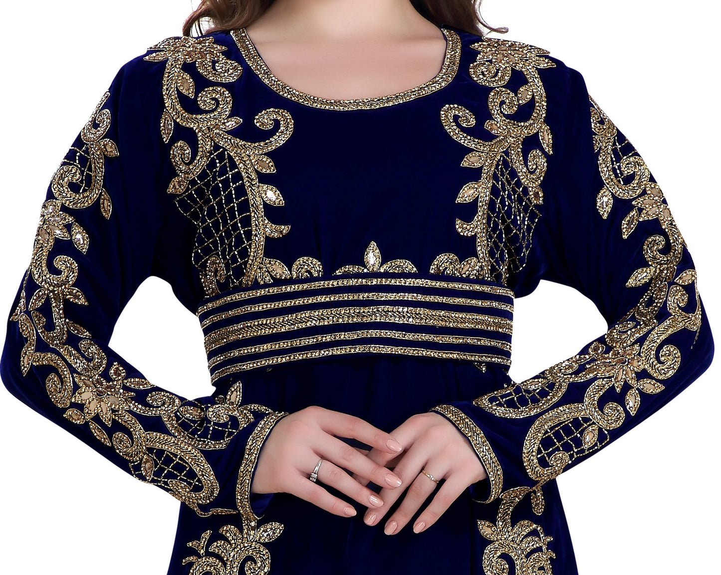 Fishcut Gown Navy Blue Velvet Crystal Moroccan Kaftan - Maxim Creation