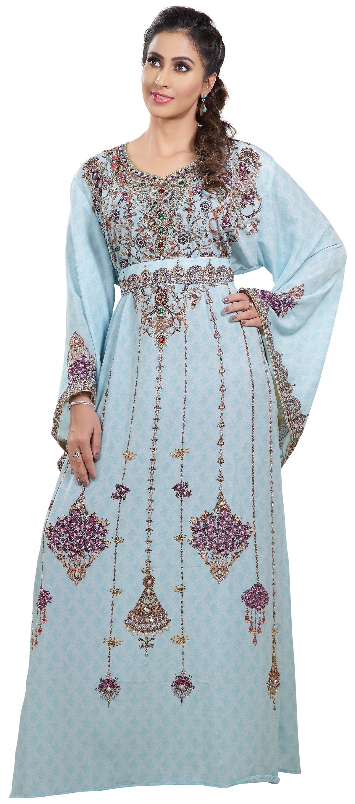 Printed Dubai Kaftan with Floral Embroidery - Maxim Creation