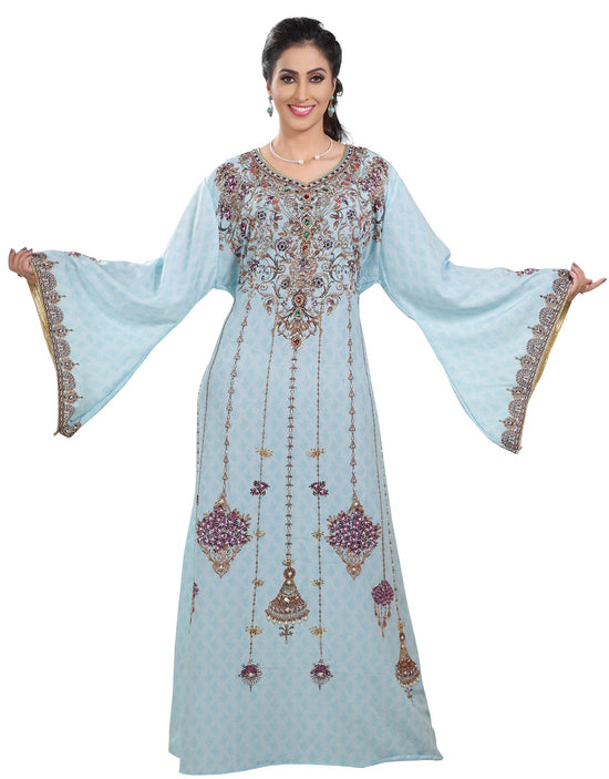 Printed Dubai Kaftan with Floral Embroidery - Maxim Creation